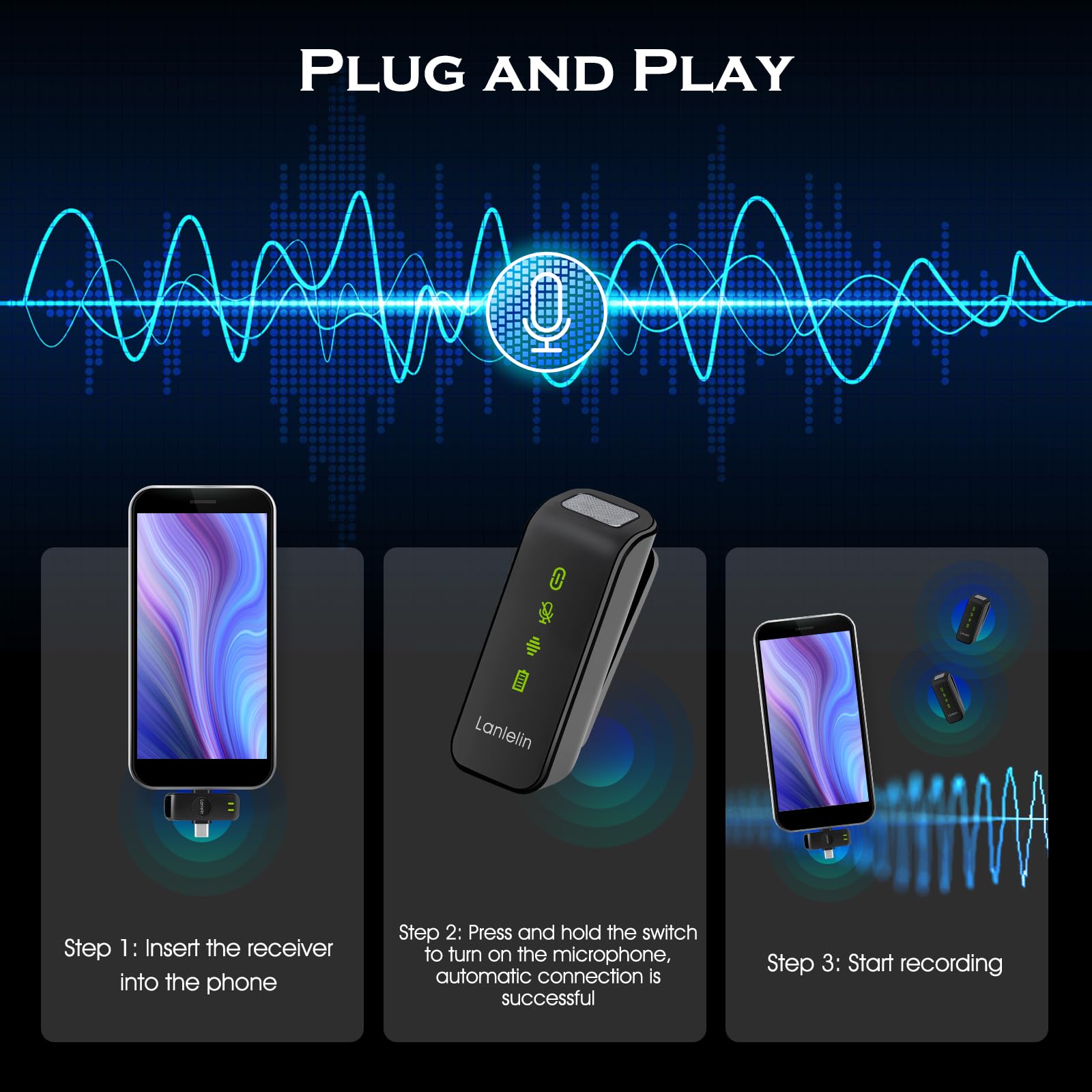 Wireless Lavalier Microphone for iPhone Android, Noise Cancelling Lapel Mic with Charging Case, Plug and Play Clip on Mini Microphone, Ultra-far Transmission for Smartphone/Camera/PC/Laptop.