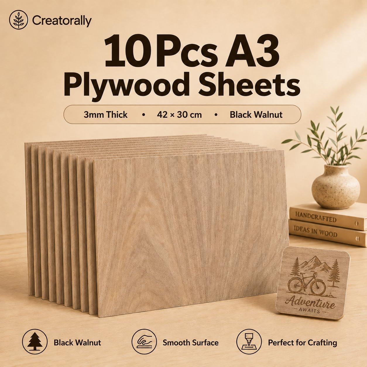 Compensato 3mm, Pannelli di Legno per Incisione Laser A3 10 Pezzi, Pannello Materiali laser per Taglio Laser CNC Pirografia (Noce Nera)