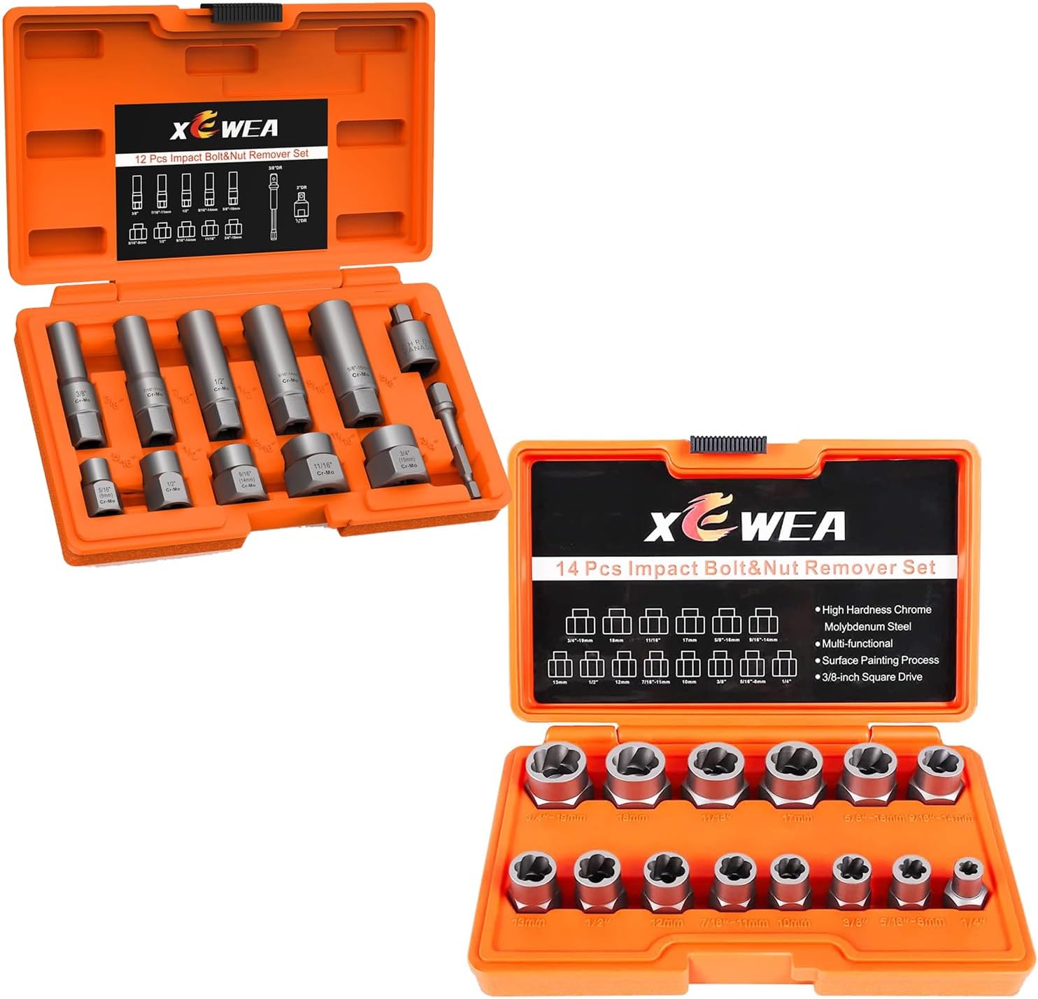 XEWEA 14PCS 3/8" Drive Bolt Extractor Set + 12 Piece Deep and Short Bolt Extractor Socket Set, Upgrade Stripped Easy Out Bolt Nut Remover Set For Removing Damaged, Frozen, Rusted Screw and Studs,Bolt