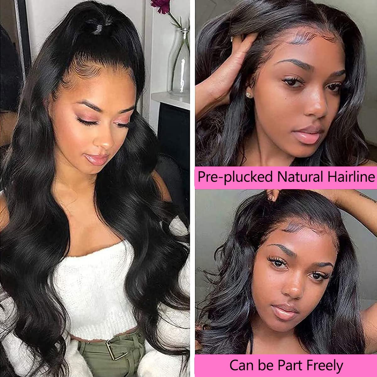 DMS Lace Front Wigs Human Hair Wigs for Black Women 13x4 HD Lace Front Wig Pre Plucked 180% Densty Lace Front Body Wave Wig Glueless Hair Natural Black Color (26 Inch)