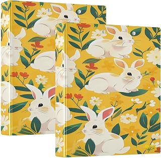 Mnsruu Carpetas de 3 anillos con 3 bolsillos interiores transparentes de PVC, con hojas de conejo, flores, color amarillo, carpetas versátiles, 200 hojas para oficina, hogar, escuela, 1 paquete