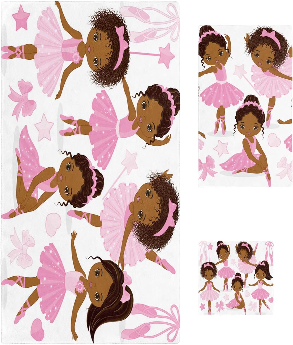 Bath Towel Sets,Ballerina Black African Girl Dance Bathroom Towels Soft Hand Towel Washcloth Cotton Towel Set,Absorbent Soft Bath Set for Hotel Beach Pool Cute Bows Pink Stars Cartoon Art Towels