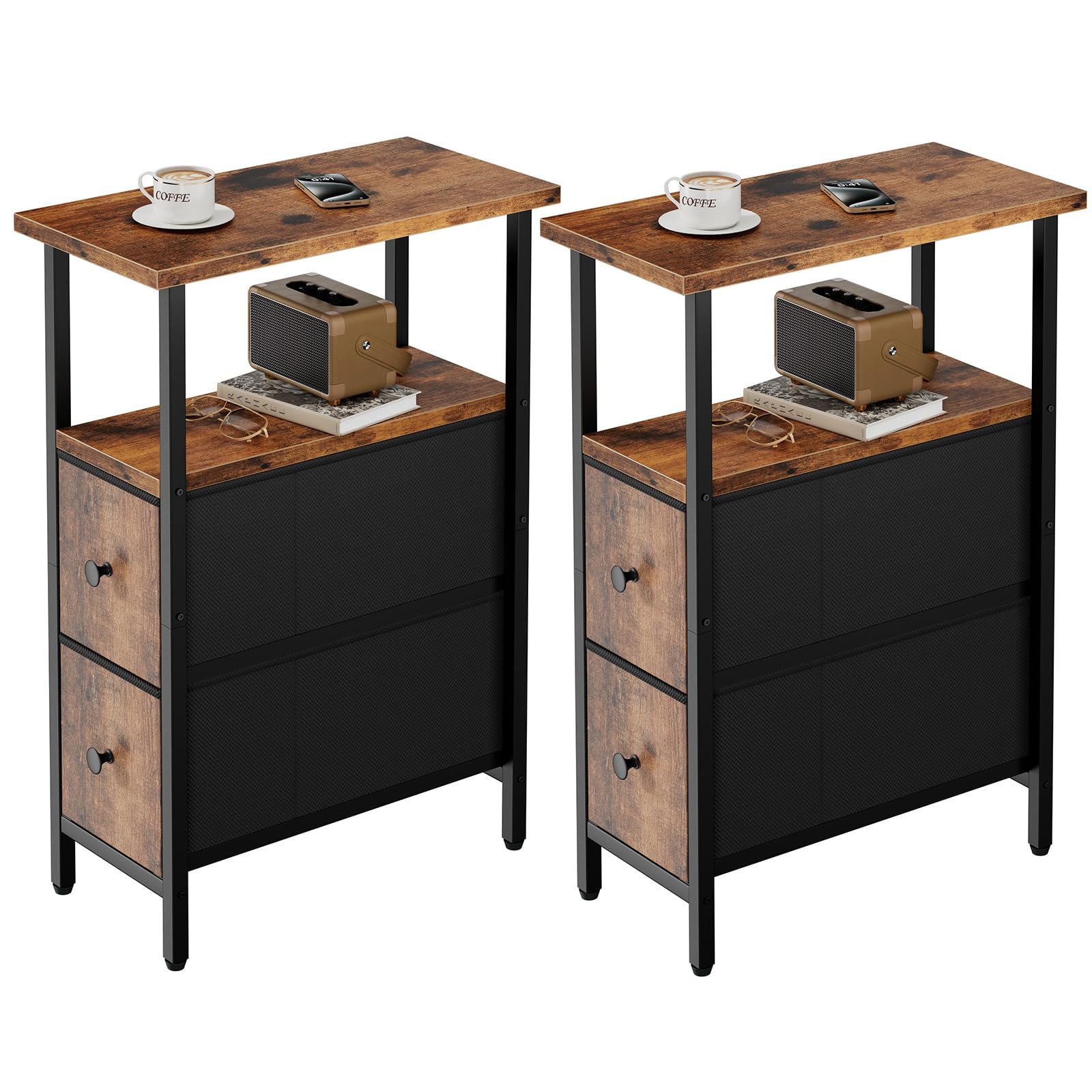 YMYNY Tavolino Salotto Stretto 2 pezzi, Comodino con 2 Cassetti in Tessuto, Tavolino da Letto per Spazi Ridotti, Tavolino da Divano per Camera da Letto e Soggiorno, Marrone Rustico HST019H-2