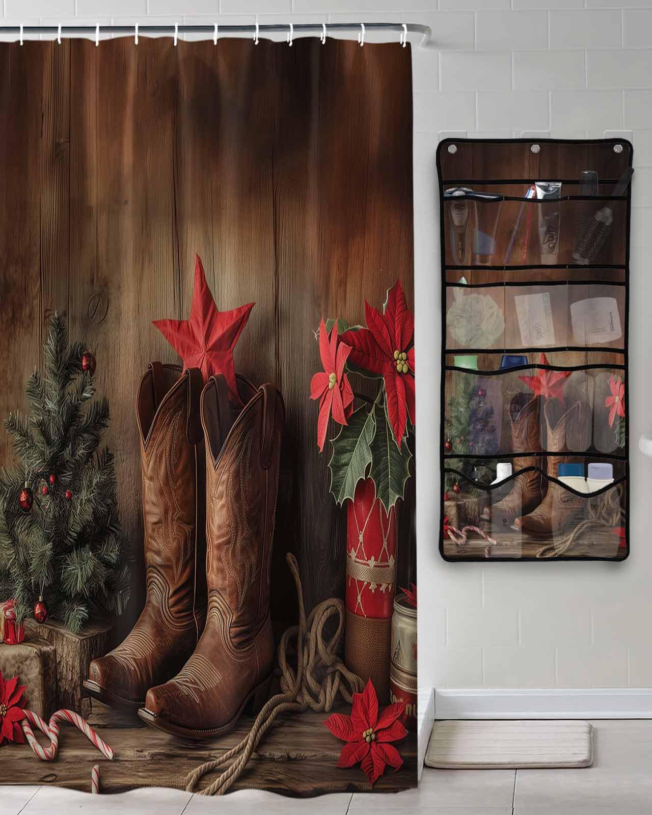 Decorative Shower Curtain Sets Christmas Cowboy Fabric Waterproof Shower Curtains Winter Xmas Tree Poinsettia Wooden Grain Mesh Shower