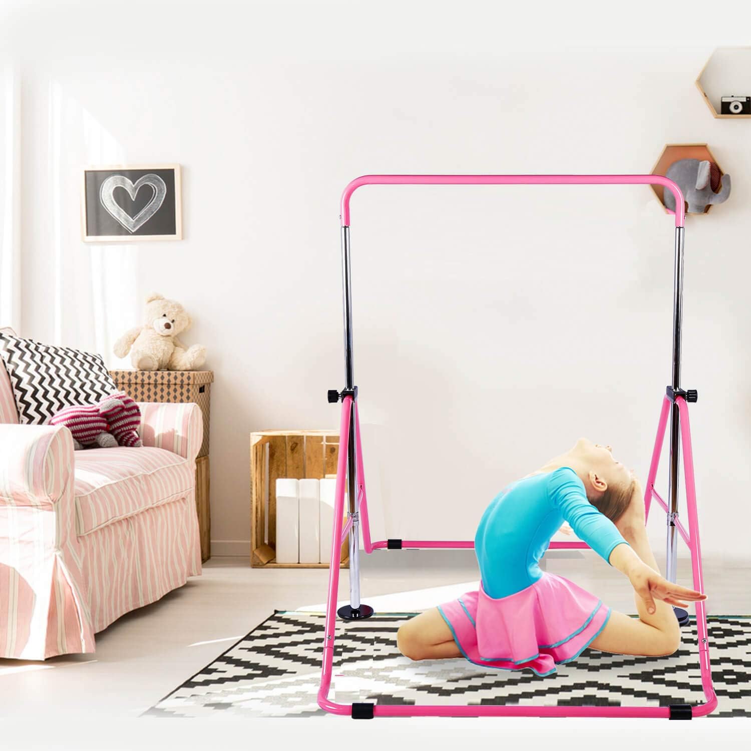 Gymnastic Bars for Kids with Adjustable Height, Folding Gymnastic Training Kip Bar, Junior Expandable Horizontal Monkey Bar for Home (Pink) : Sports & Outdoors