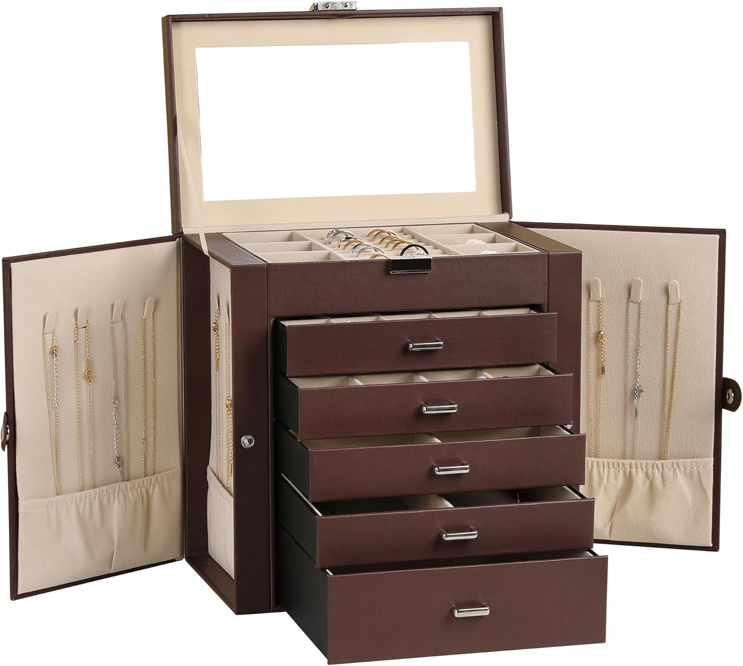 Frebeauty Large Jewelry Box,6-Tier PU Leather Jewelry Organizer,Multi-functional Storage Case with Mirror,Accessories Holder with 5 Drawers for Necklace Bracelets Watches(Dark Brown)