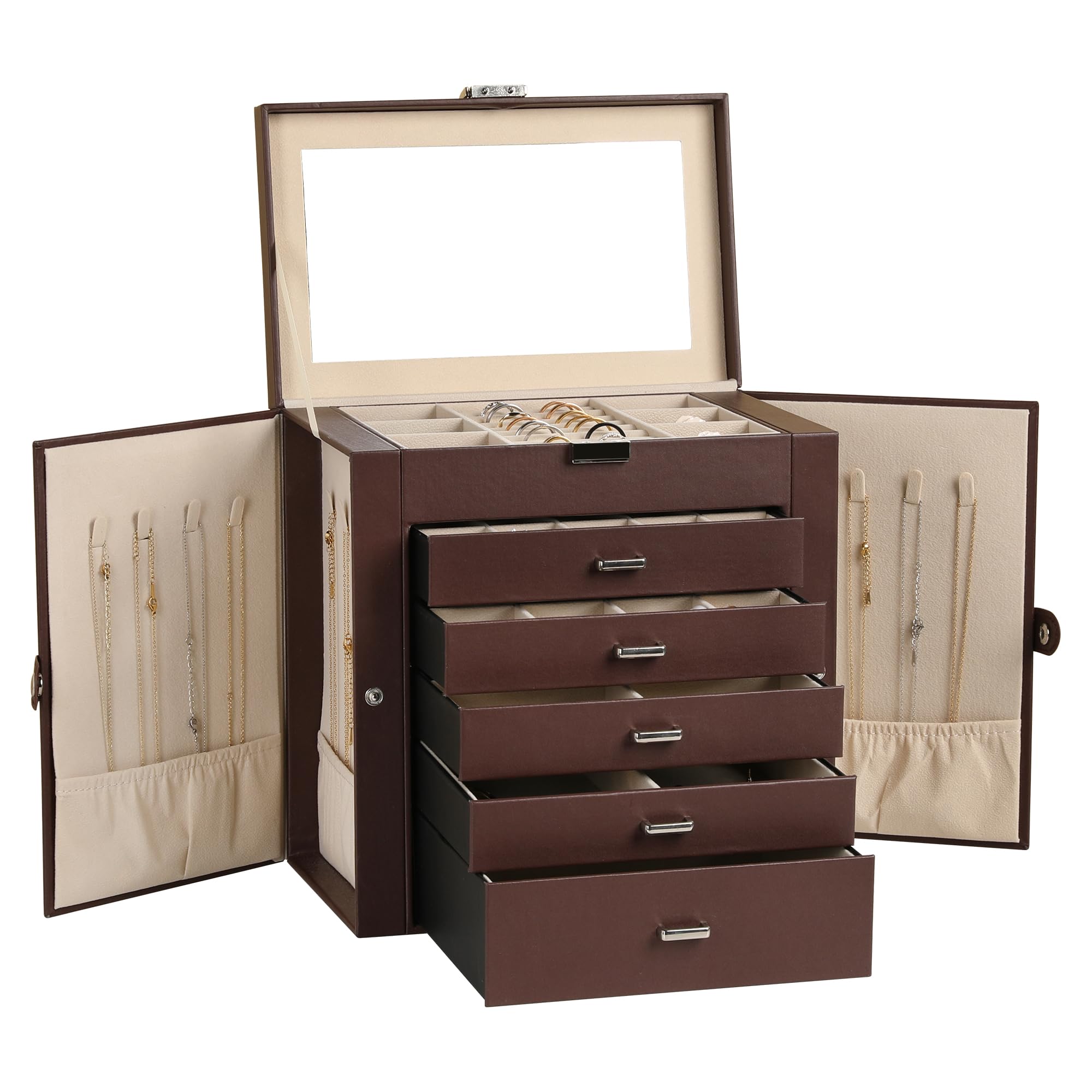 Frebeauty Grande portagioie a 6 ripiani, in pelle PU, multifunzione, con specchio, porta accessori con 5 cassetti, per collane, bracciali, orologi (marrone scuro)