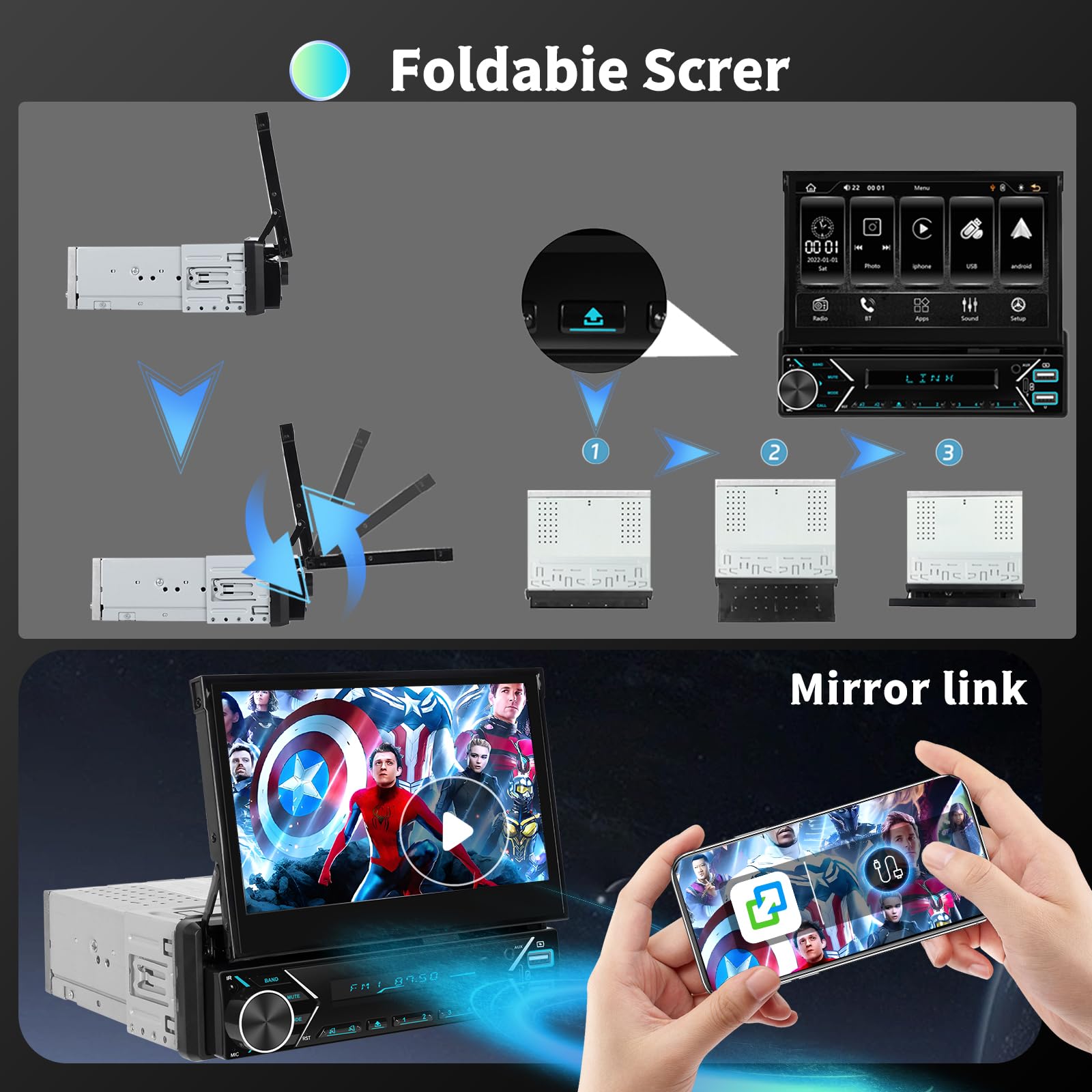 Hodozzy Car radio 1 DIN Carplay with screen, 17.7 cm (6.9 inches), touch screen, Carplay, wireless