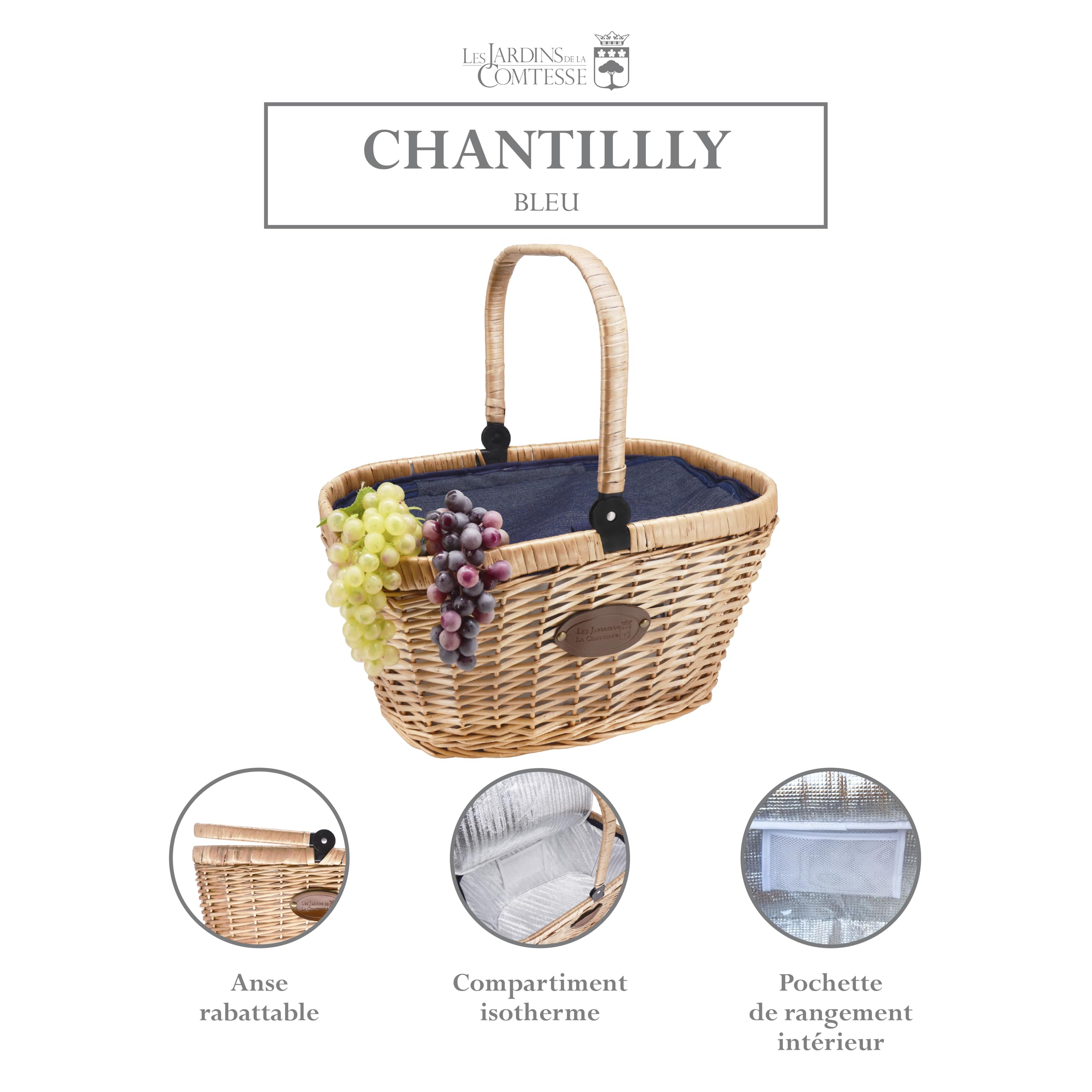 Les Jardins de la Comtesse - Cesto in vimini naturale Chantilly - refrigeratore isotermico - per il mercato o il picnic - Manico pieghevole - Tessuto blu - 48 cm x 29 cm x 27 cm