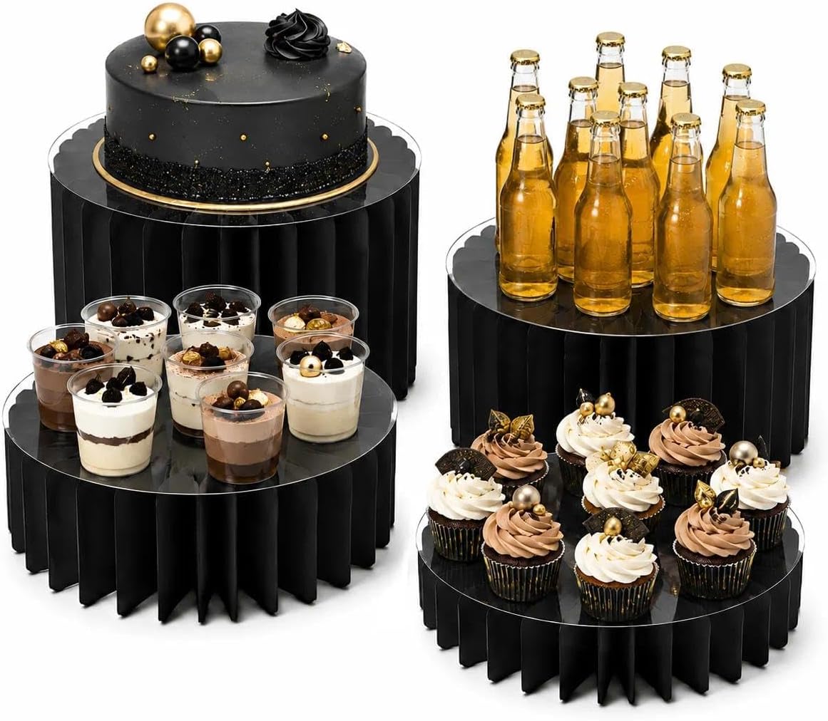 iobiotio Foldable Cake Stand, Reusable Buffet Risers, 4 Pack Round Dessert Stands with Acrylic Tops, Cardborad Display Stands for Weddings, Birthdays, Baby Showers, Parties, Home Decor, White
