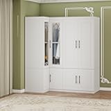 Keloyid Corner Armoire Wardrobe Closet: Modern Wood Wardrobe Cabinet with 4 Doors & Shelves, Large Capacity Wood Clothes Bedroom Armoire with Hanging Rods, White-52+53
