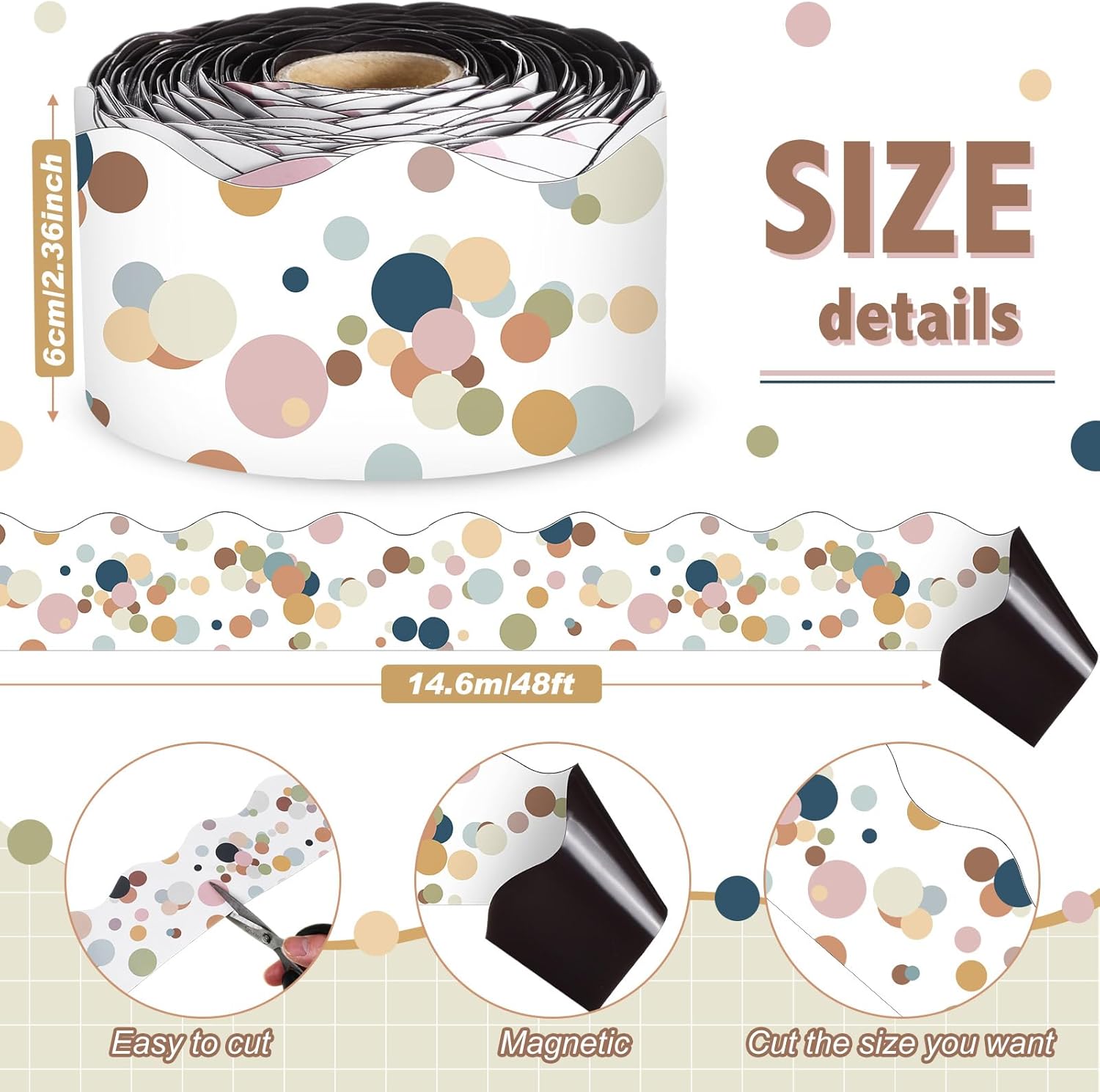 Tenceur Magnetic Borders for Bulletin Board Decoration, Boho Polka Dots Whiteboard Scalloped Magnetic Strips Border Roll for School Office Chalkboard Whiteboard Trim Poster Decor, 48 ft x 2.76 Inch