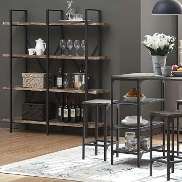 Wooden Solid Wood 4 Tiers Double Natural Rustic Shelf Bookcase Accessory Shelf with Metal Skeleton