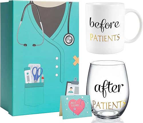 PUGED Before Patients After Patients - Juego de regalo de taza de café de 11 onzas y copa de vino sin tallo de 18 onzas para dentistas, regalos