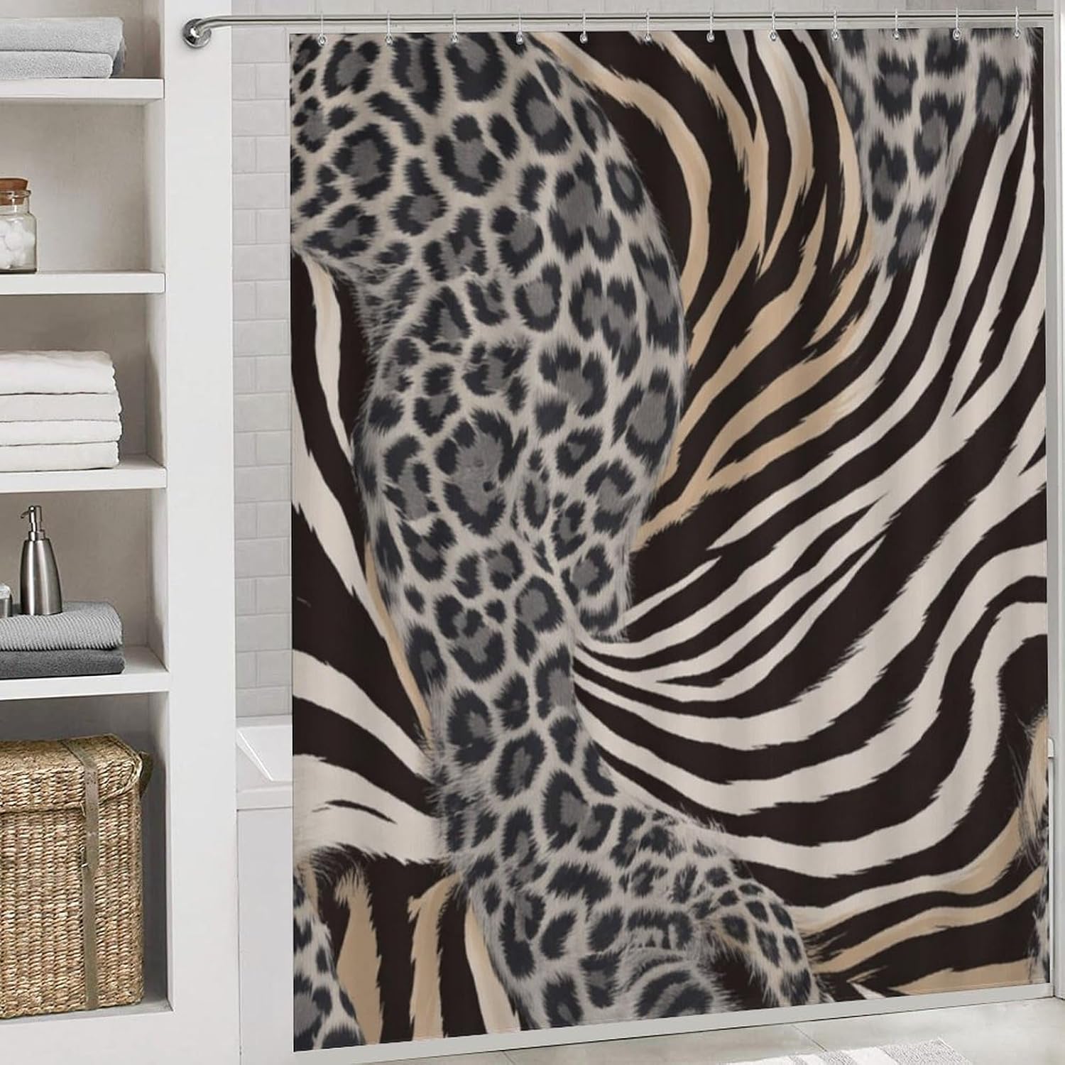 4PCS Modern Zebra Fur Pattern Shower Curtain Set 72W X 72L, Retro Leopard Print Print Bathroom Decor, Toilet Lid Cover Non-Slip Rugs and U-Shaped Mat Set 12 Hooks
