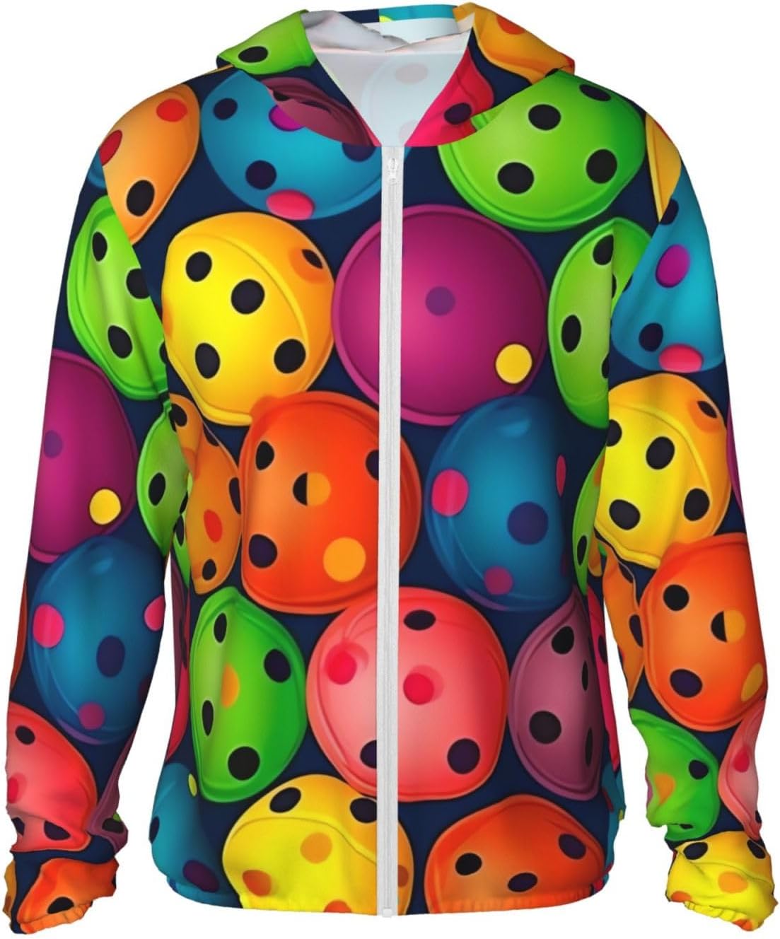 UPF 50+ Pickleball Balls Colors Pattern Print Sun Protection Hoodie Jacket Full Zip Long Sleeve Sun Shirt Black