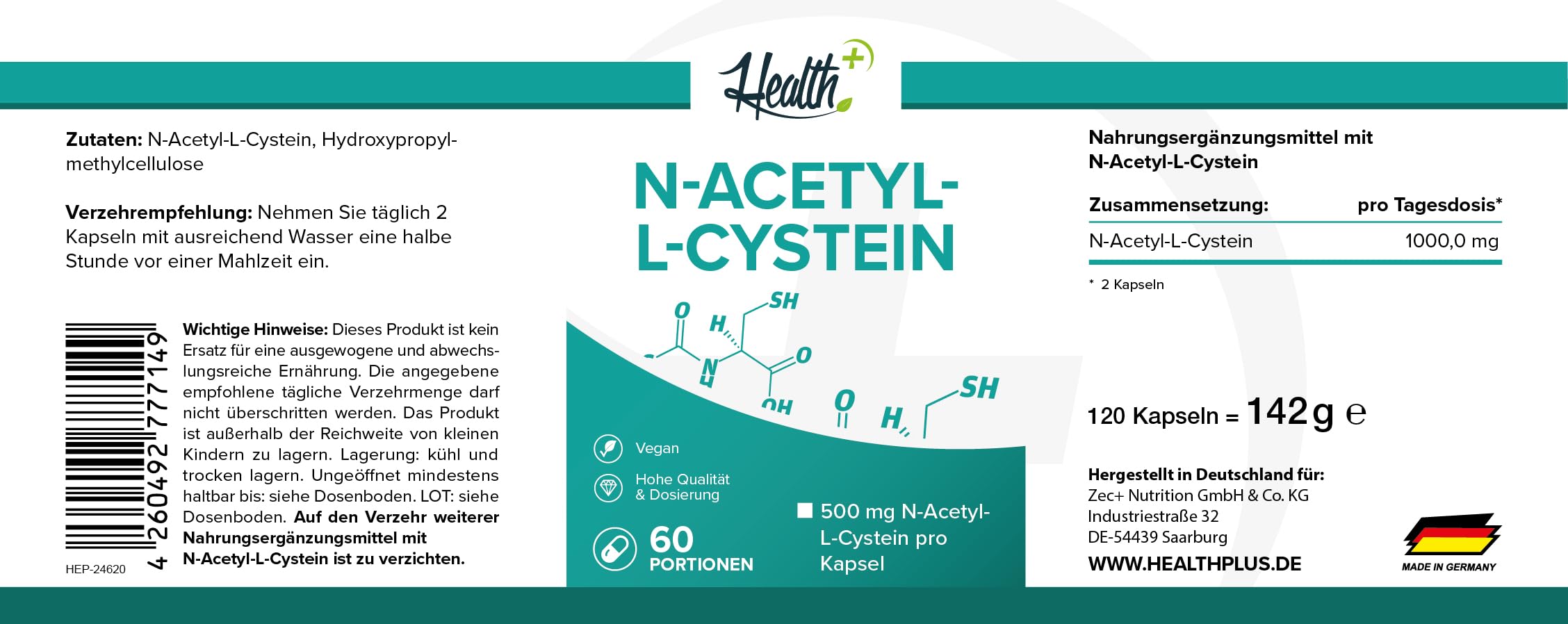 Health+ N-Acetyl-L-Cystein - 120 L-Aminosäure-Kapseln, enthält 500 mg reines Acetylcystein pro Kapsel, hochdosierte NAC Kapseln, Made in Germany