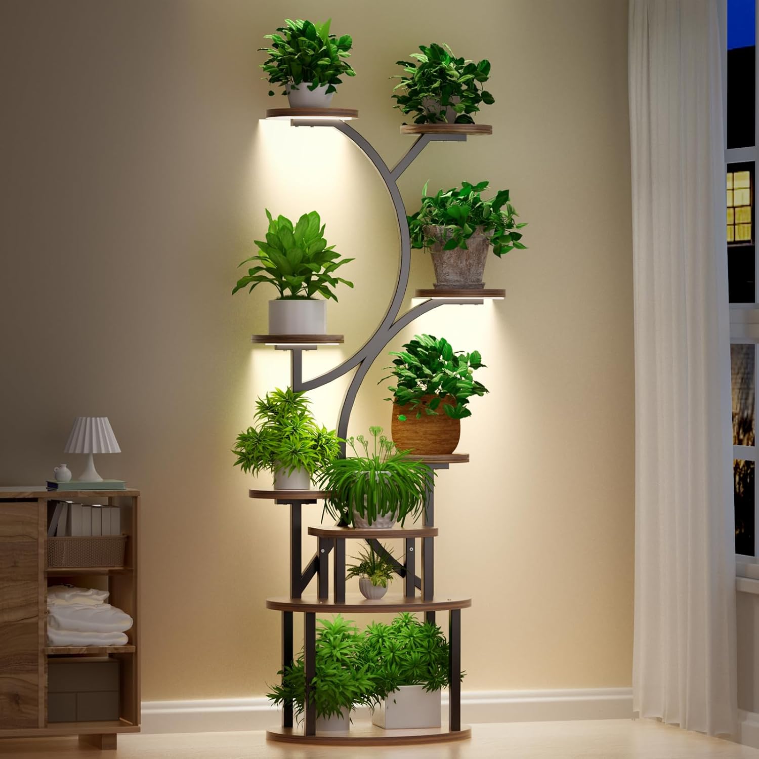 9 Tiered Tall Plant Stand Indoor with Grow Lights, 63" Metal Plant Shelf for Multiple Plants, Sturdy Corner Plant Rack with Timer & Adjustable Brightness, Lighted Flower Holder for Home