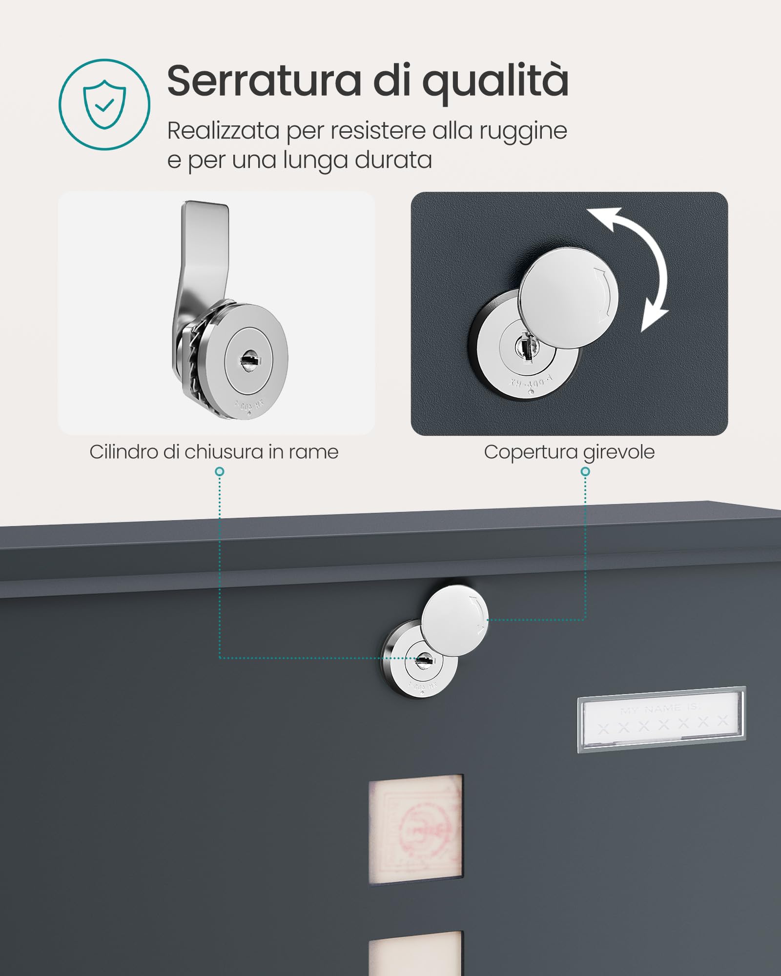 SONGMICS Cassetta Postale, Cassetta Posta, Serratura con Cilindro in Lega di Zinco e Copertura Girevole, Finestre, Targhetta, Portagiornali, 10 x 30,8 x 33,8 cm, Grigio Antracite GMB20AG