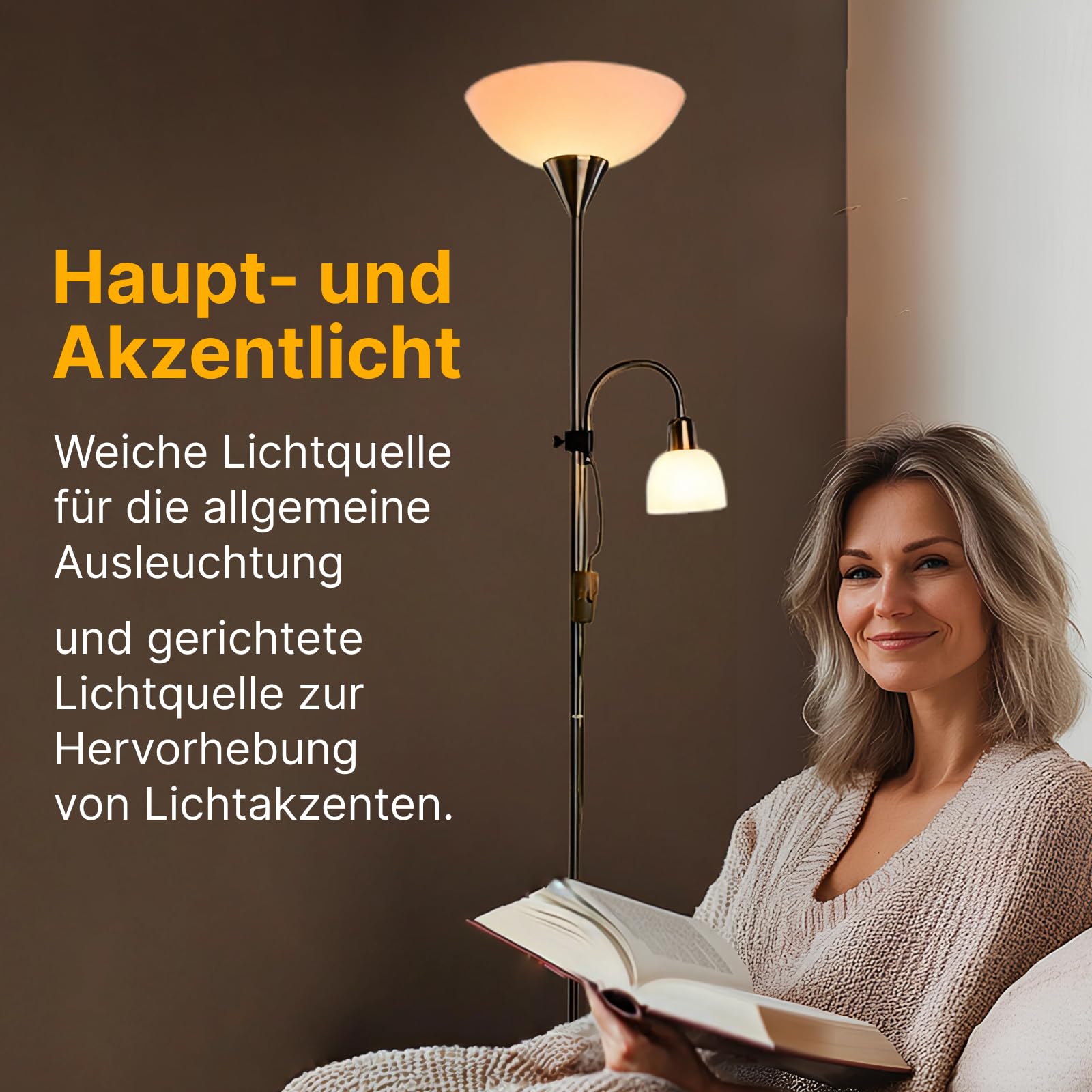 ARTE LAMP Stehlampe Moderne Deckenfluter mit Leselampe für Wohnzimmer, Silber, Weiß, E27, dimmbar, 28 x 28 x 177 cm