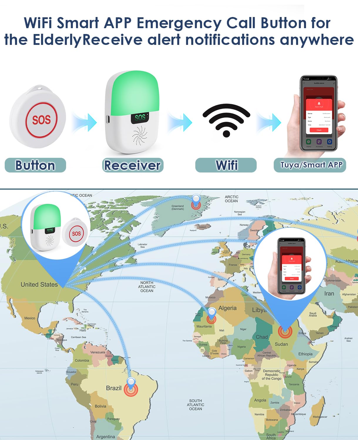 Richday Wireless Sistema di Chiamata di Emergenza Smart Wireless per Anziani, Impermeabile SOS Allarme Campanello di Chiamata di Emergenza,per Anziani Bambini Gravida （1 Ricevitore+1 Pulsante）