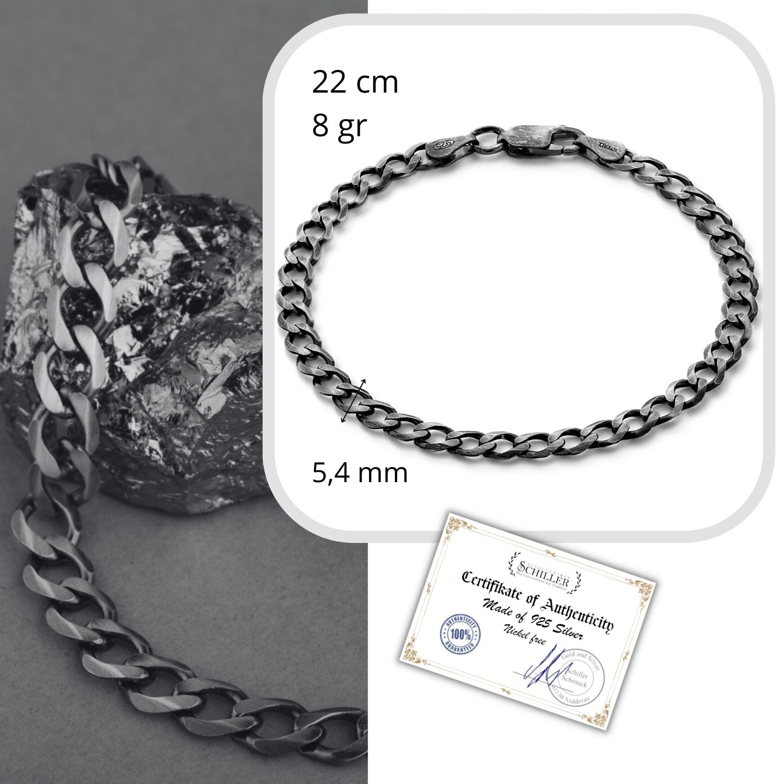 Herren Silberarmband Echt Silber Schwarz Oxidiert Öko-Verpackung Geschenke für Männer