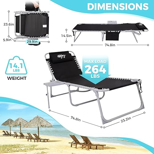 Miniatura 3 de #WEJOY Silla reclinable plegable con mesa auxiliar para exteriores, 5 posiciones, silla reclinable ajustable para patio, camping con almohada