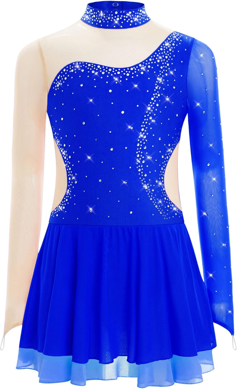Hansber Kids Girls Figure Ice Skating Dress Long Sleeve Sparkly Rhinestone Mesh Gymnastics Leotard Dress
