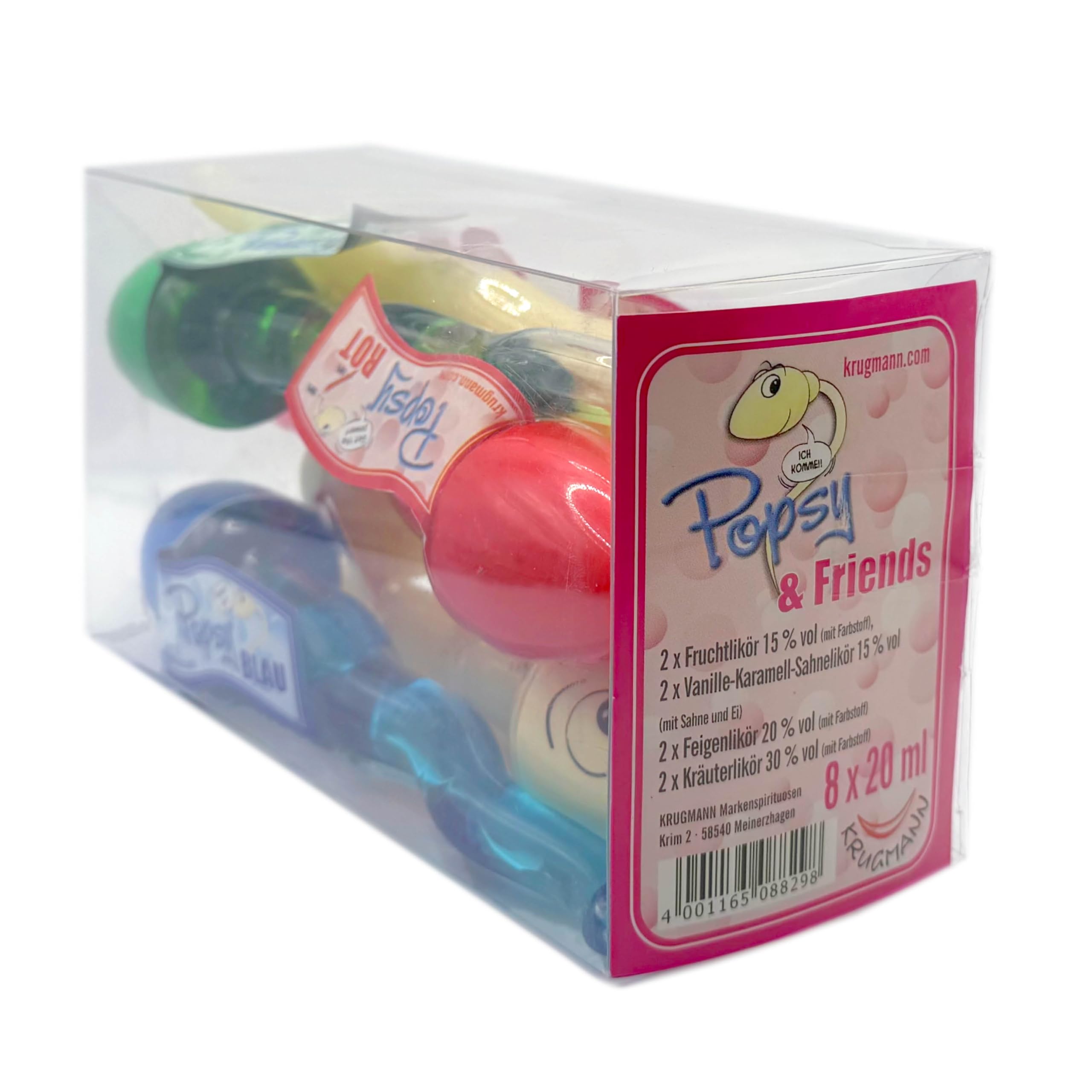 Krugmanns Popsy & Friends Lecker Likör, Grün, Rot, Blau und Sahne gemischt 8 X 0,02 l = 160 ml - 15% Vol. - PET Formfläschchen "fröhlicher Geist" - Geschmack Vanille-Karamell, Feige, Kräuter, Engergy
