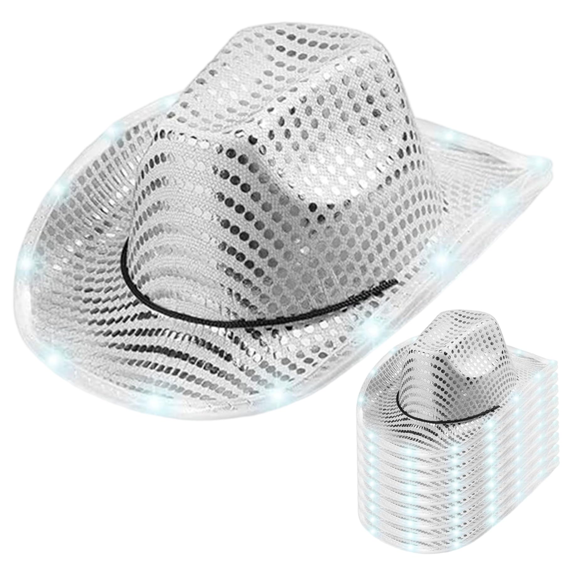 Jorzer Sombrero de vaquero iluminado, 10 piezas LED plateado, sombrero de vaquero con lentejuelas de discoteca, juego de rol de vaquera para fiesta de bodas.