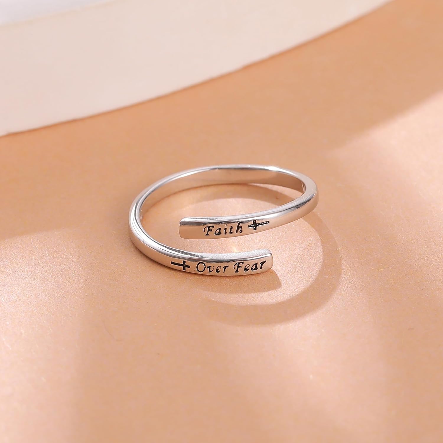 LOVECOM 925 Sterling Silver Faith Over Fear Cross Inspirational Rings for Women Daughter 14k Gold Plated Adjustable Tiny Purity Christian Wrap Ring Encouragement Ring Christmas Jewelry Gifts - Image 5