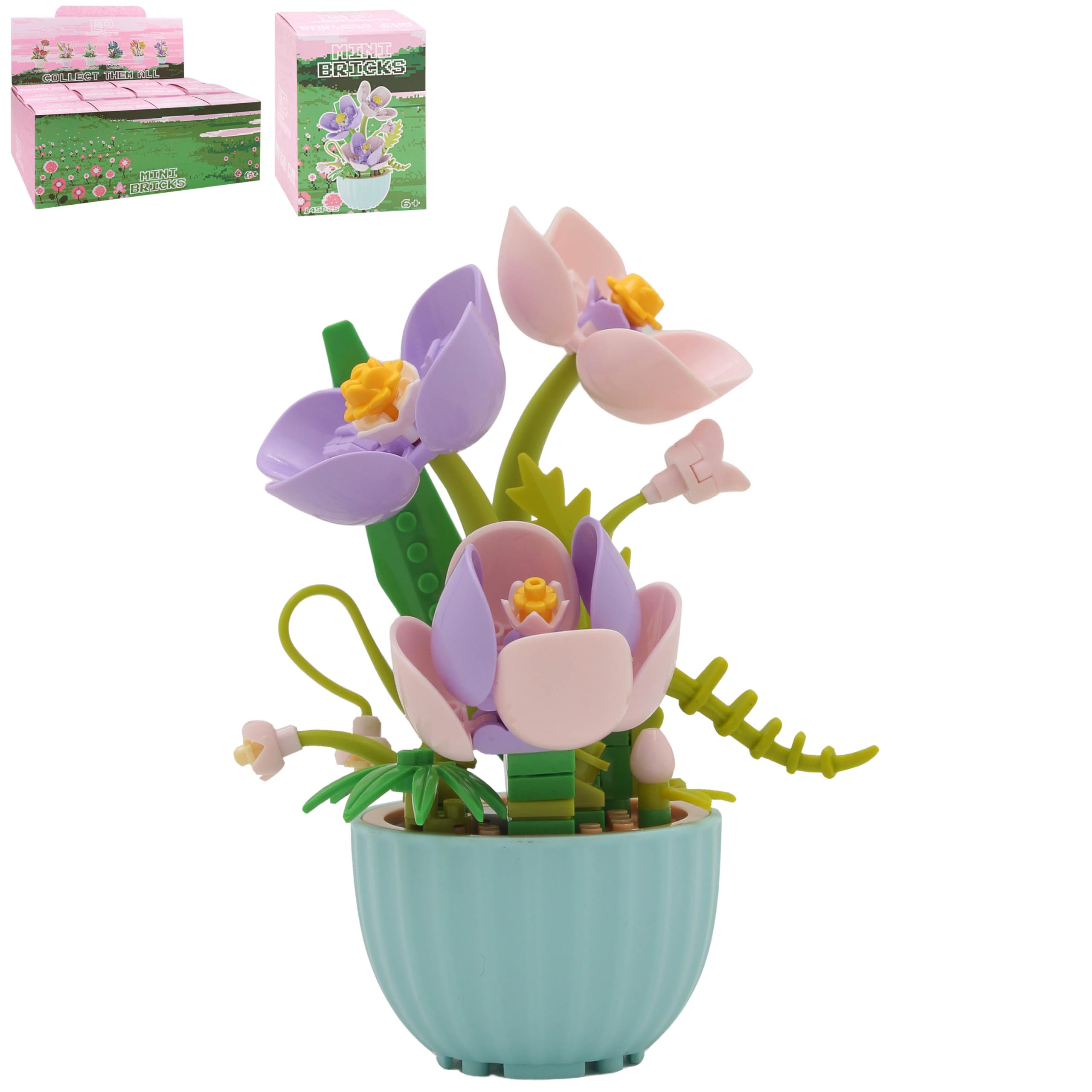 Lesser & Pavey Mini Bricks Pink/Lilac Crocuses Building Blocks For Home & Office | Artificial Flowers Mini Pots For Decor | Micro Bricks Sets For Adults & Kids | Lovely Gift For Women & Men