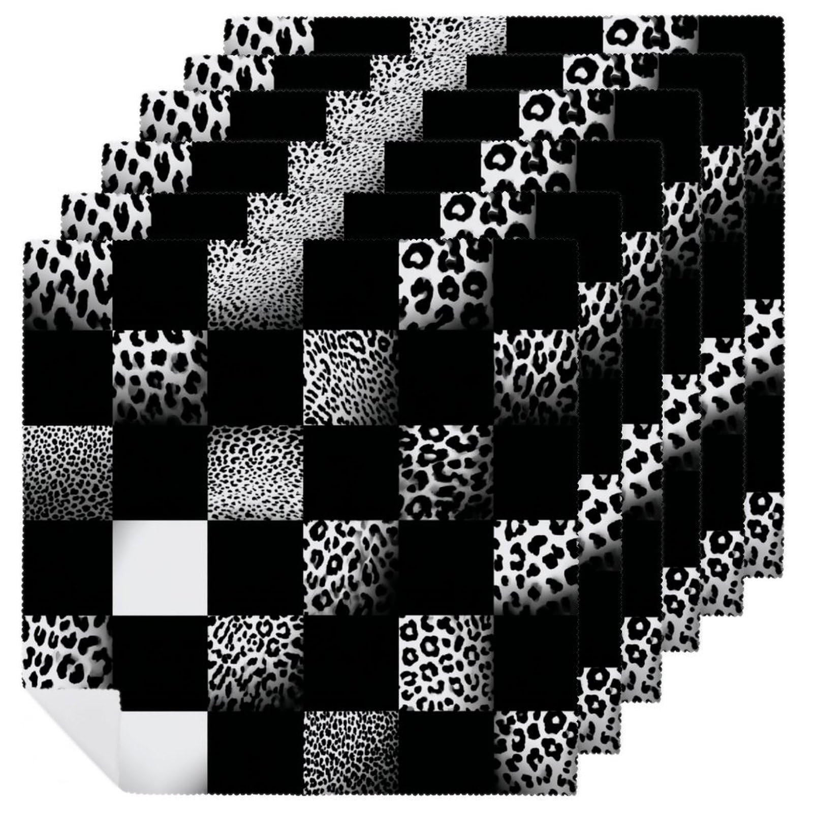 Black And White Checkered with Leopard Spots Cloth Napkins Set of 6, Square Premium Reusable Washable Polyester Table Linen Napkin for Dinner Party