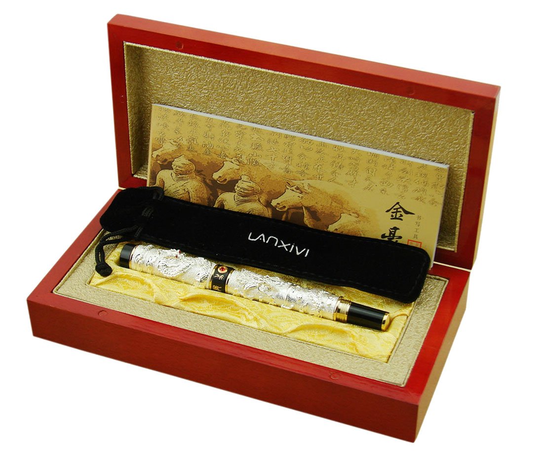 Jinhao Zwillinge Drachen Füllfederhalter – Perlmutt-Grau Mit Rotem Akzent, In Holz-Geschenkbox
