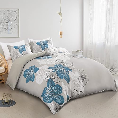 Miniatura 2 de DJY Juego de funda de edredón de 3 piezas, tamaño King, funda de edredón con patrón floral azul, elegante funda de edredón floral bohemia con 2