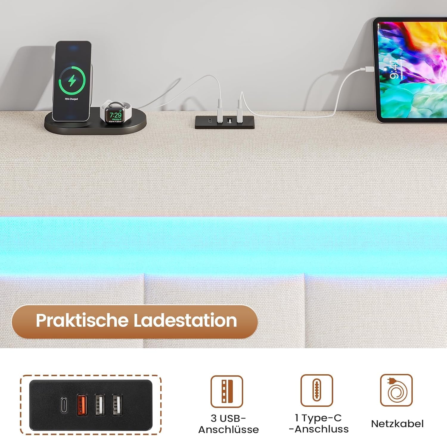 AOGLLATI Letto Matrimoniale Contenitore 180x200 cm, Struttura Letto con Illuminazione LED e Stazione di Ricarica, Letto Matrimoniale con Vano Contenitore Idraulico e Testiera Regolabile, Beige
