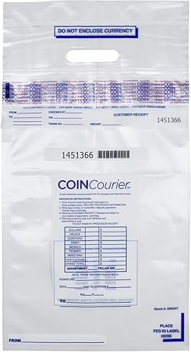 CONTROLTEK Mensajero de monedas de 12 x 24.5 pulgadas, transparente, 50 bolsas, bolsa de monedas resistente a manipulaciones, soporta hasta 50