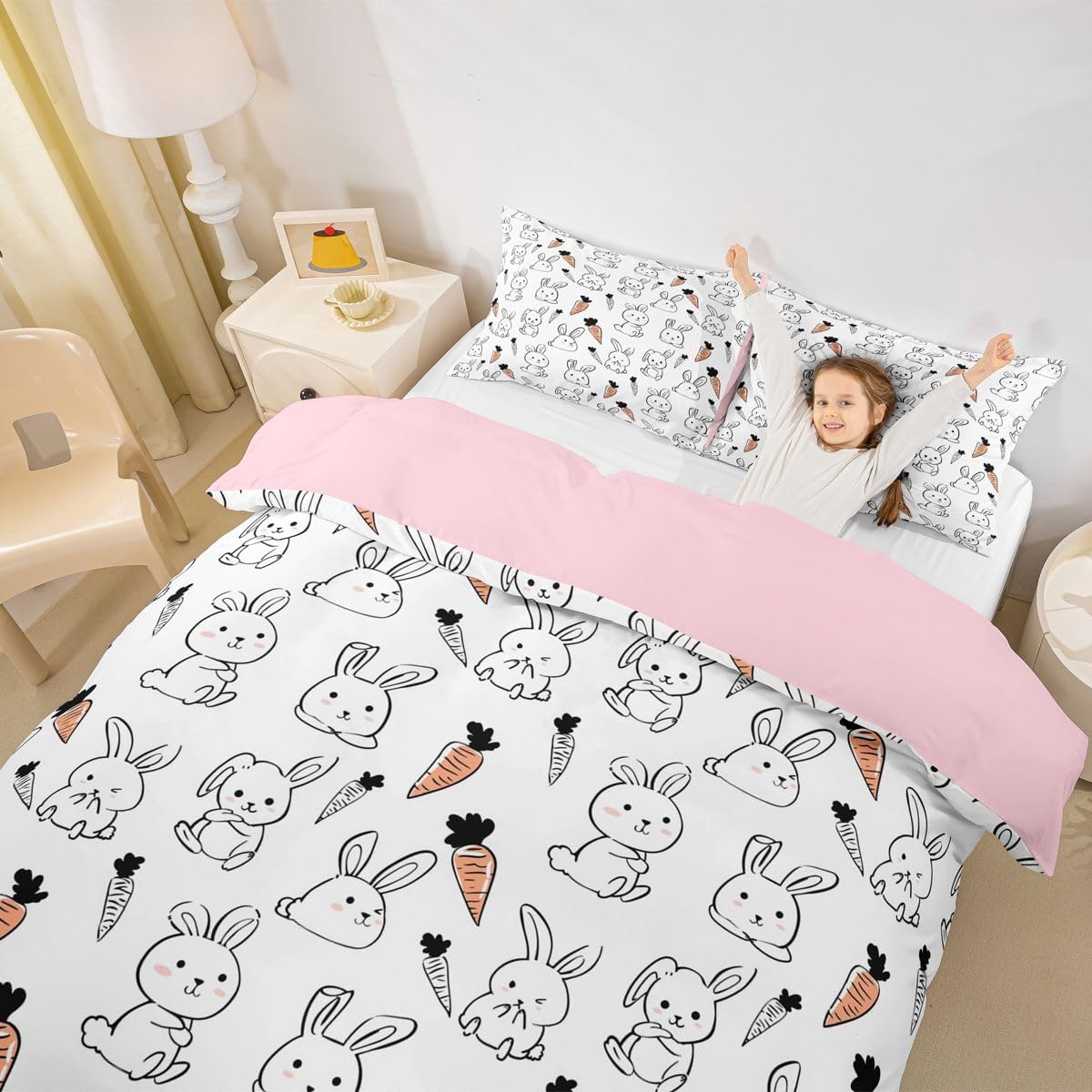 Kawaii Bedding Set, for Kids Girls Cute Cartoon Rabbit Bedding Set, Sketch Carrot Duvet Cover, Kawaii Room Decor, Pink Soft Reversible Comforter Cover Set, Lovely Animal Bedding Comforter, Full Size image 4