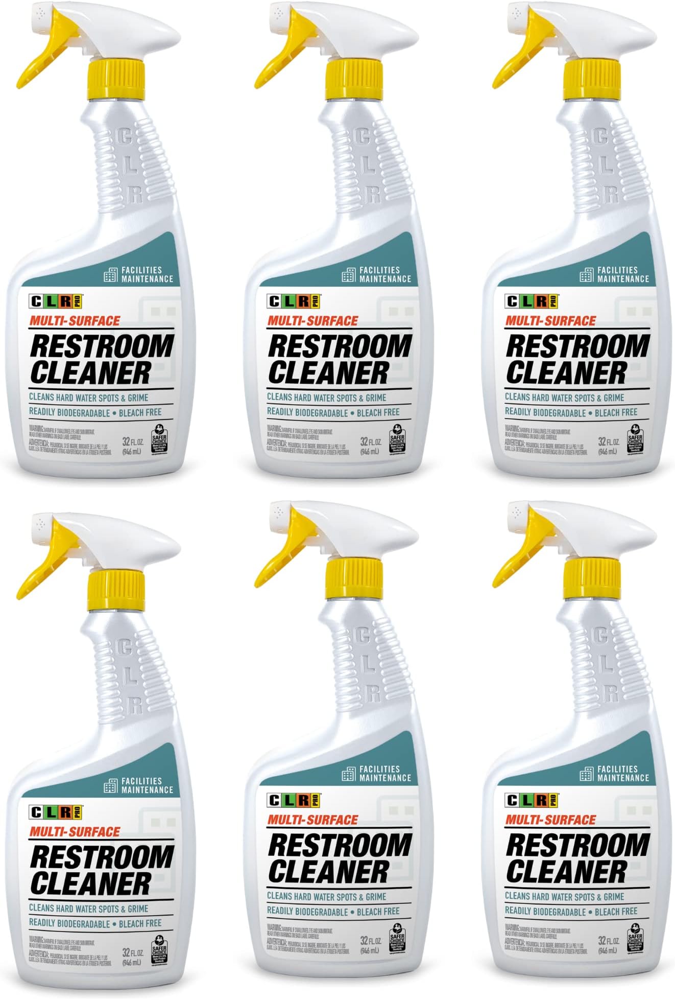 Jelmar CLR PRO Industrial Bathroom Cleaner - Multi-Surface Spray Cleans Hard Water Spots & Restroom Grime, 32 Ounce Spray Bottle (Pack of 6)