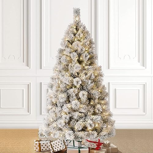 Miniatura 7 de Glitzhome Árbol de Navidad artificial preiluminado de 6 pies, árbol de Navidad de pino delgado flocado con 300 luces blancas cálidas para decoración
