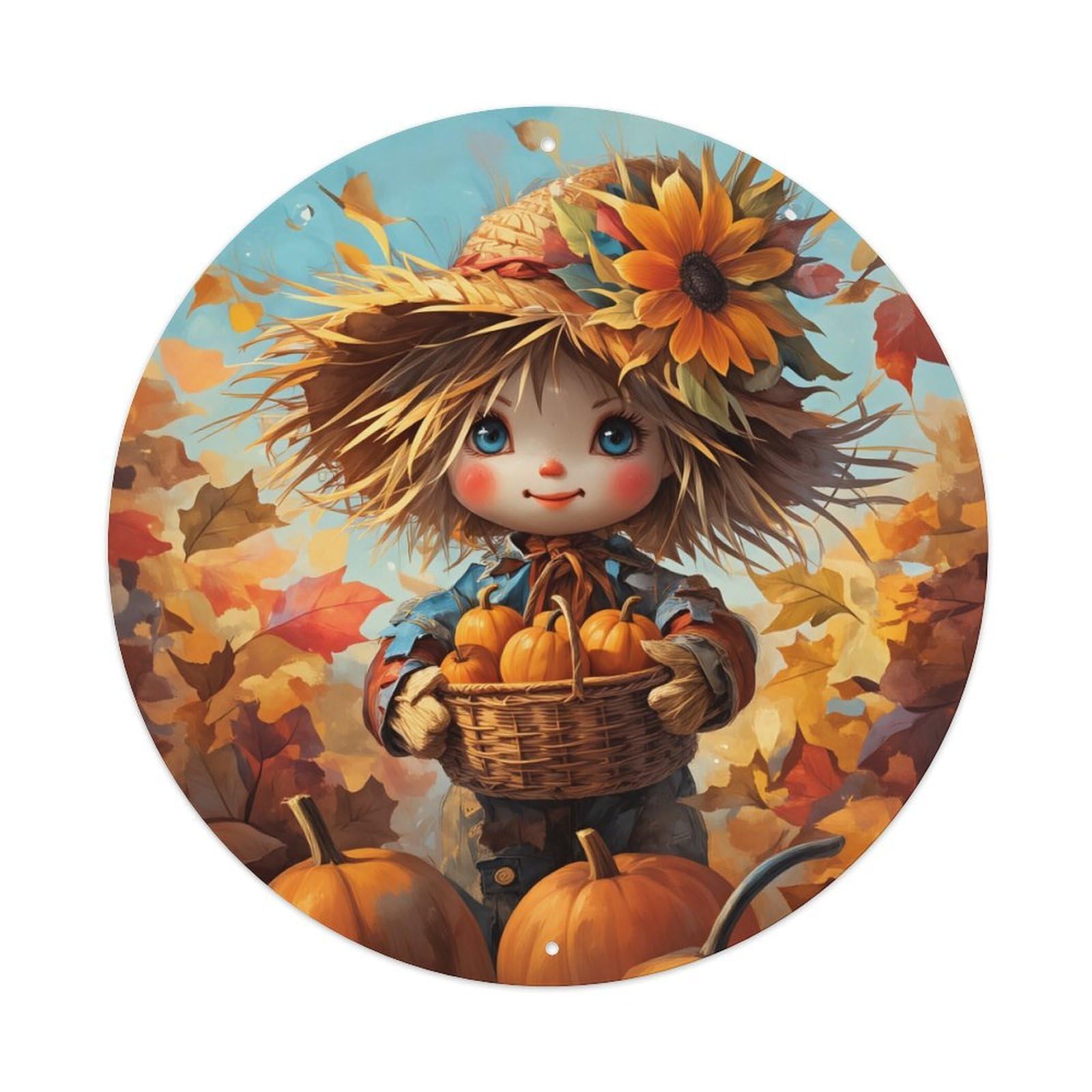 Autumn Harvest Pumpkin Scarecrow Leaves Round Tin Sign Vintage Metal Poster, Home Bar Garage Man Cave Cafe Indoor & Outdoor Wall Decoration 8x8Inches