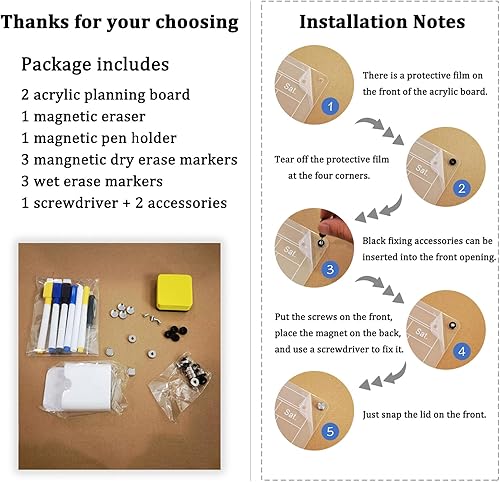 Miniatura 6 de Calendario magnético acrílico para refrigerador, 2 juegos de 16 x 12 pulgadas, calendario de planificación de borrado en seco mensual y semanal para