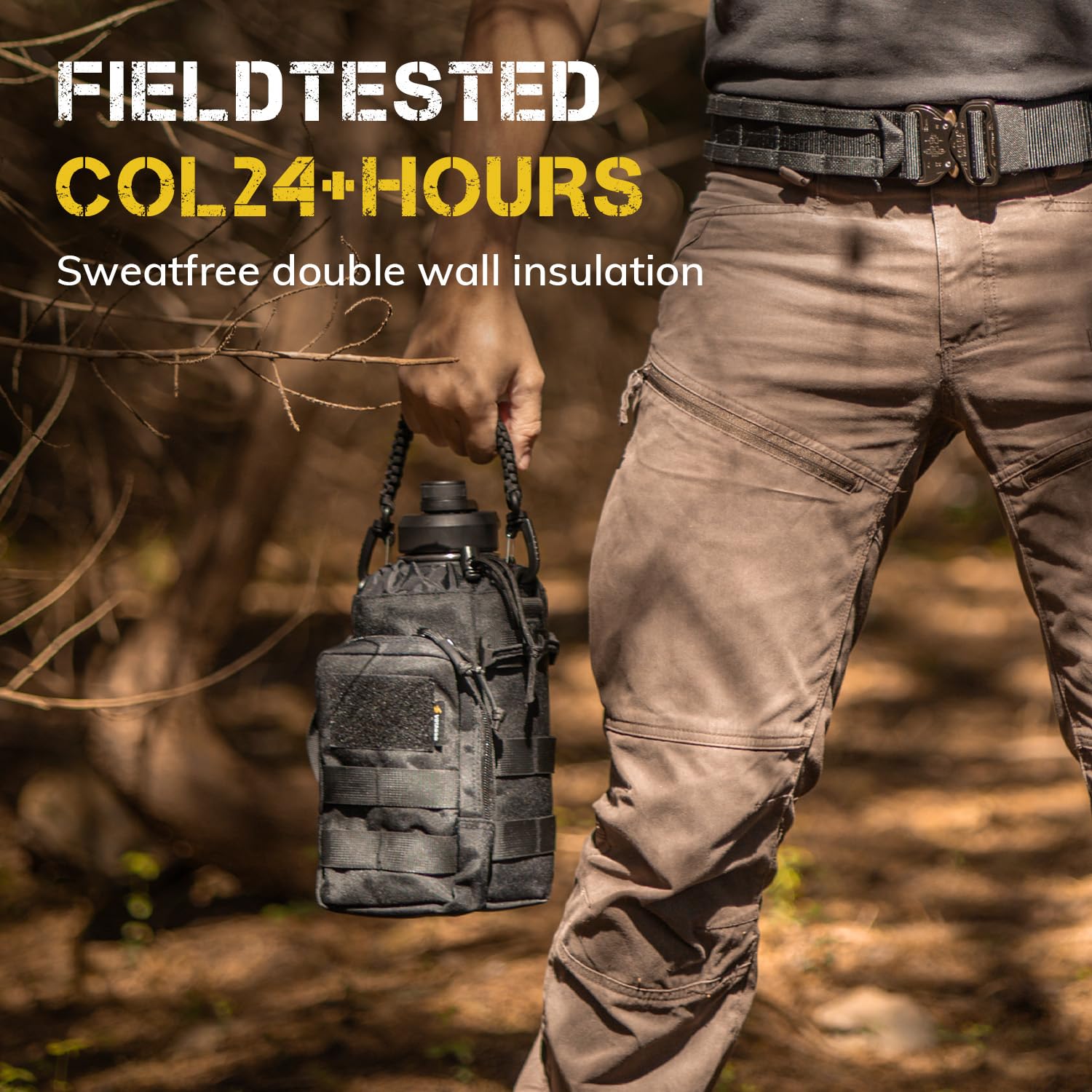 VOTAGOO Taktische Wasserflasche, 1,8 l – Isolierte Wasserflasche aus Edelstahl, Militärflasche aus Metall mit robuster, abnehmbarer Hülle, taktische Tragetasche für Wandern, Camping, Jagd