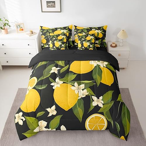 jejeloiu Kids Lemon Comforter Set Full Size 7 Pieces Tropical Fruit Print Beddin