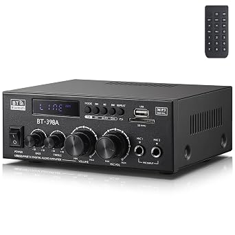BT-398A Stereo Audio Amplifier, MAX 450W 2 Channel Wireless Bluetooth 5.0 Power Amplifier System,w/USB, SD, RCA, MIC, Optical, Coaxial in, Stereo Amplifiers System for Home Theater Speakers