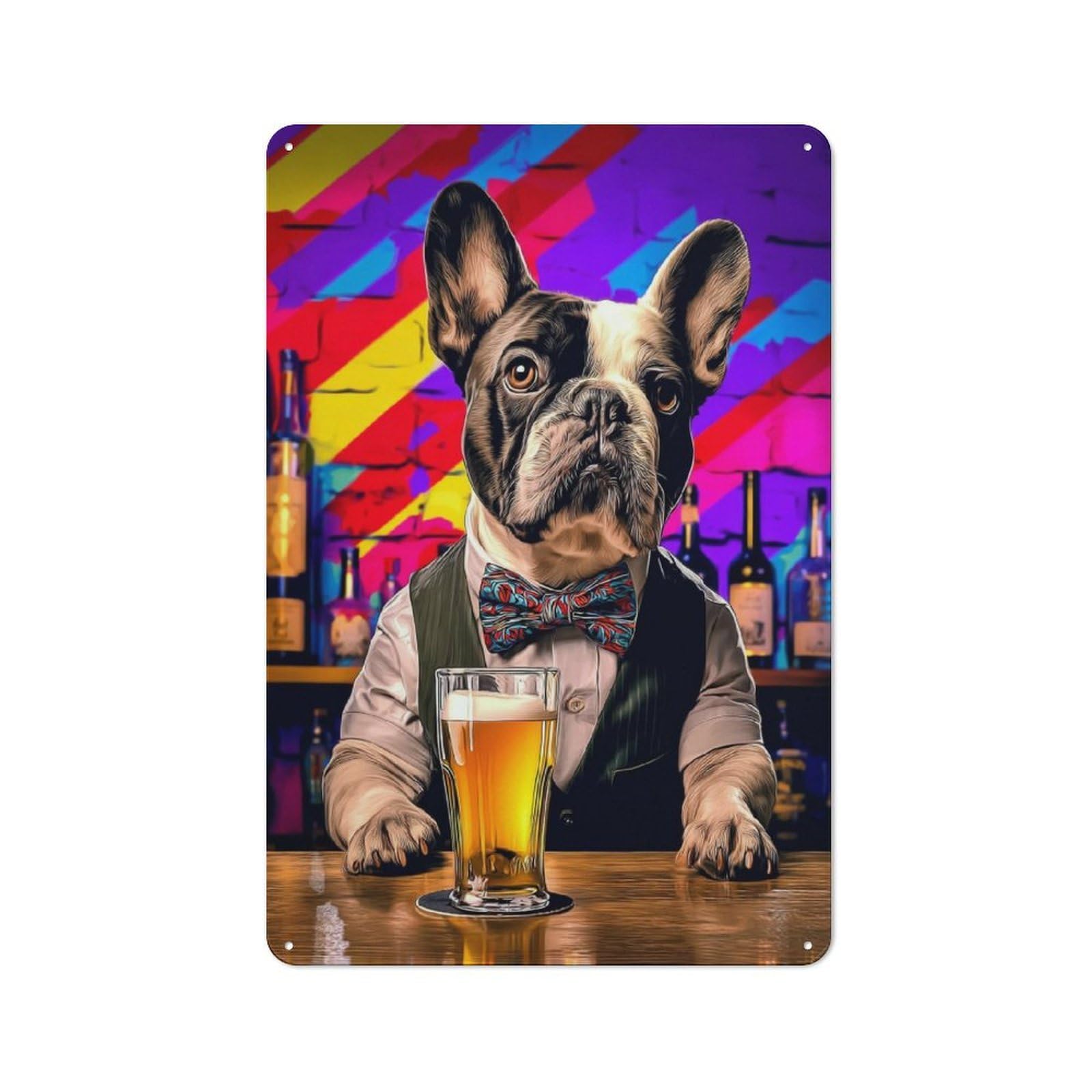 Junmoney Stylish Bulldog Enjoying A Beer Simple Retro Metal Wall Plaque 30X20cm, Creative Space Decor For Office, Study, Studio Or Hallway
