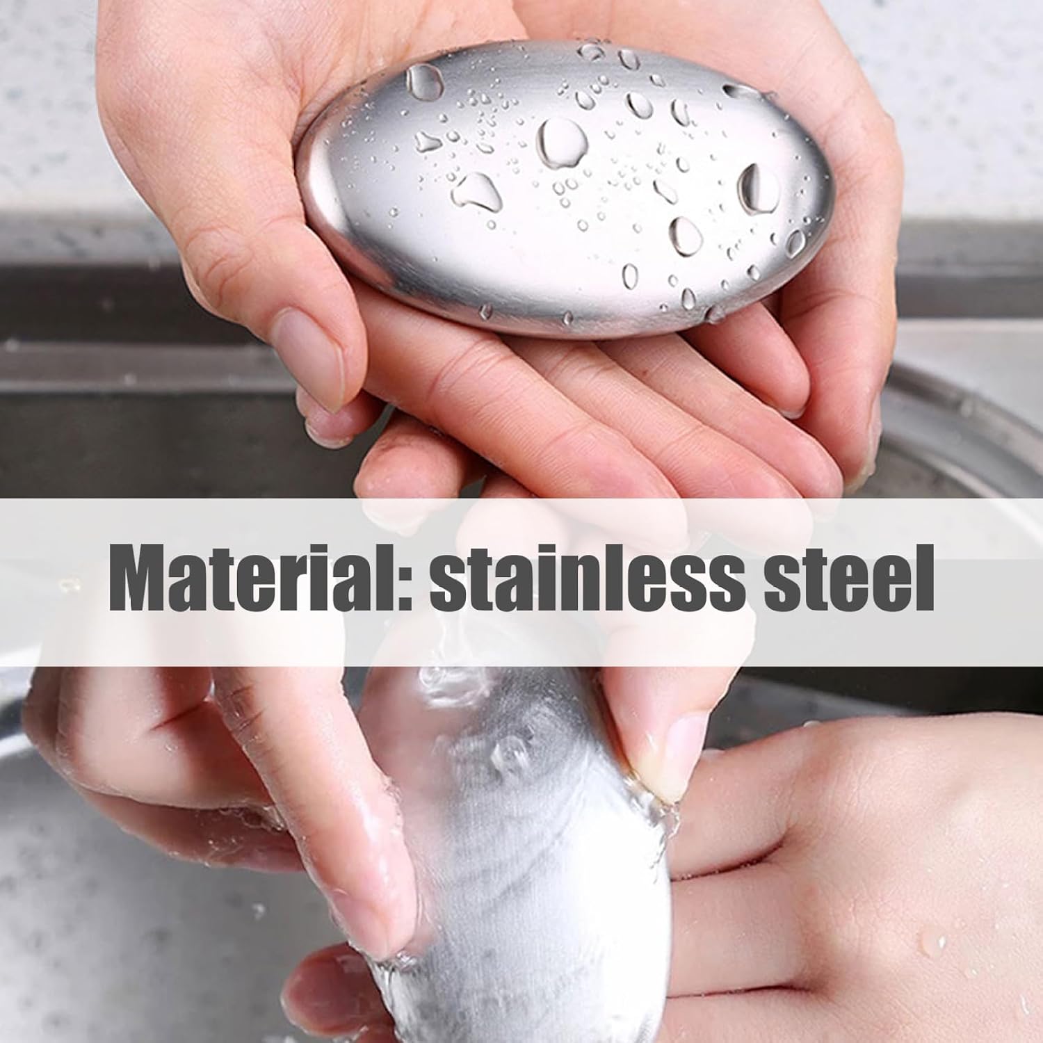 Stainless Steel Soap Metal Hand Odor Remover Soap Bar Oval Stainless Steel Soap with Base for Garlic Fish 1pc. image 2