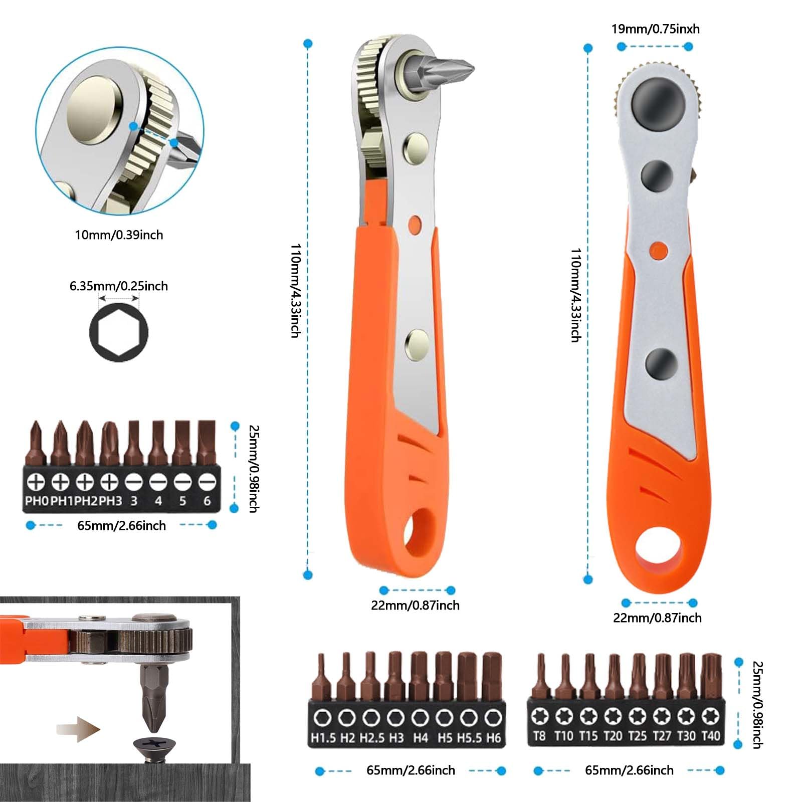 SoundZero Pack of 25 Mini Ratchet, Magnetic Ratchet Wrench, 1/4 Mini Ratchet Screwdriver, Mini Reversible Screwdriver - Image 2