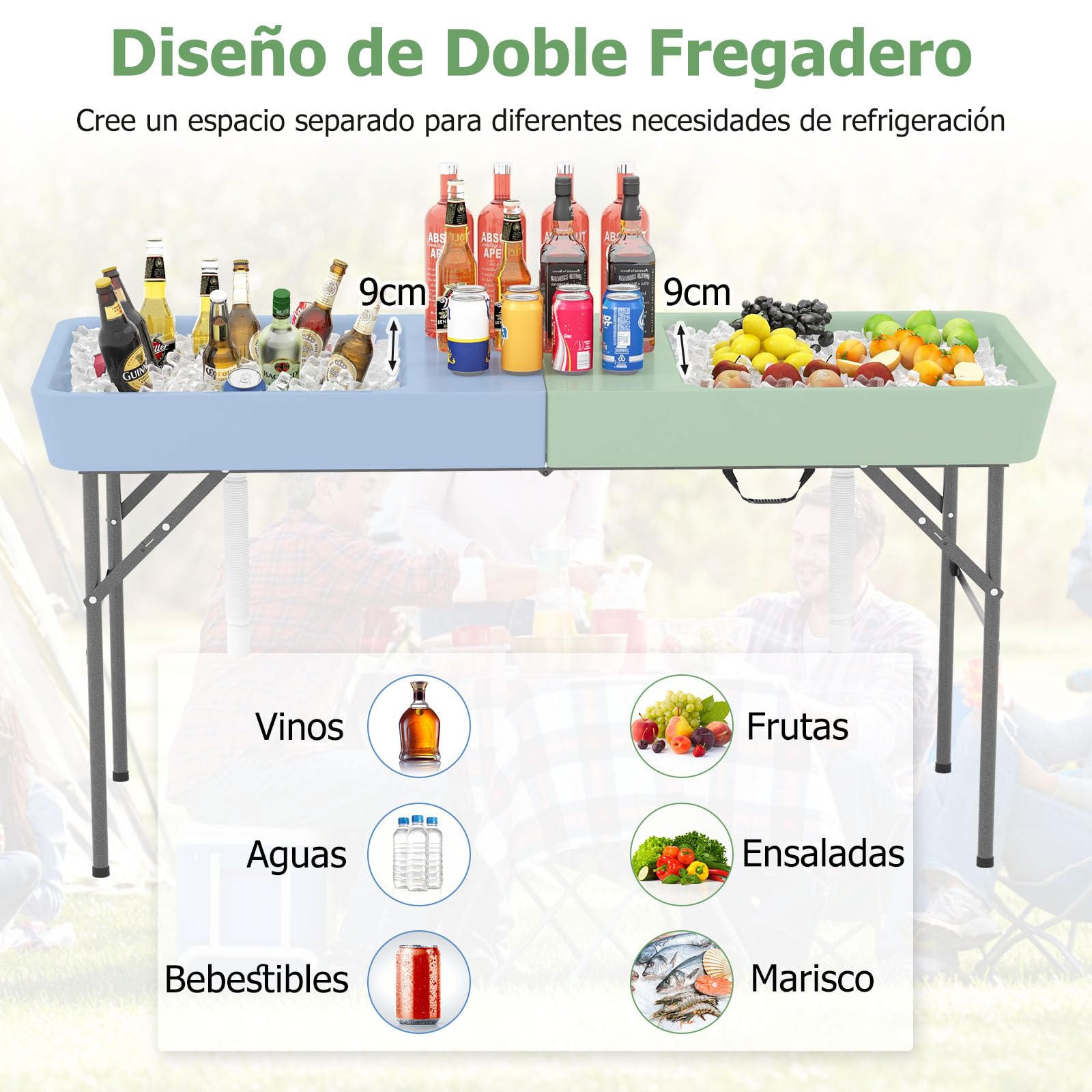 COSTWAY Mesa Enfriadora de Hielo Plegable de 150 cm, Mesa Refrigerante para Exteriores con Doble Fregadero, Falda a Juego y Manguera de Drenaje, Portátil Camping, Fiestas, Picnic y Bodas