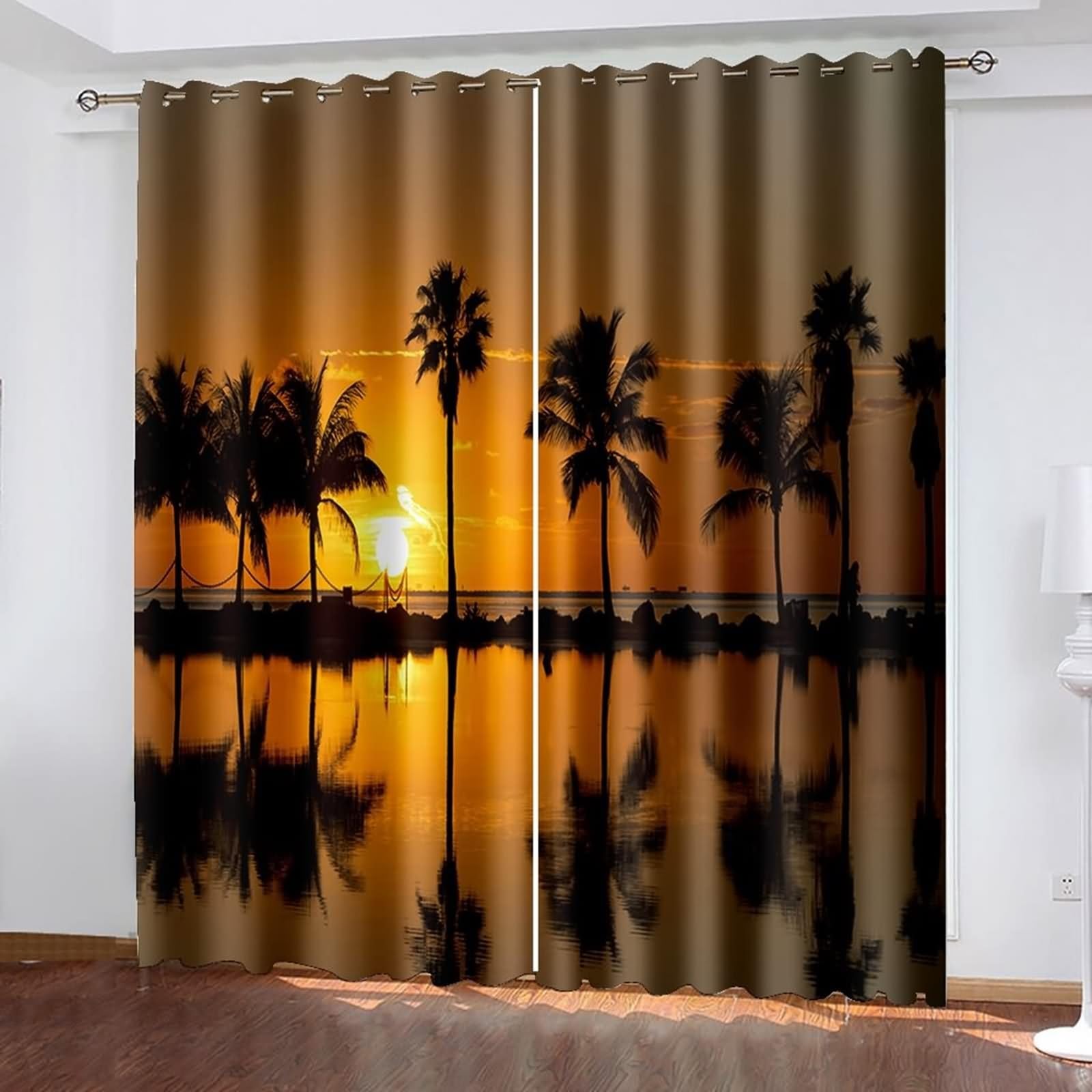 Zasłona okienna Łazienka, Blackout Kurtyny Pomarańczowy Brązowy Zielony Zachód Słońca, Drzewo kokosowe, Krajobraz Morski Poliester 2 Panele 488x244cm
